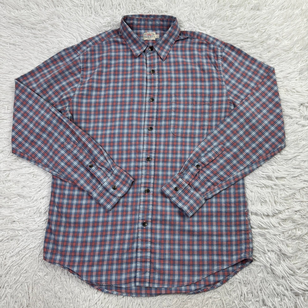 Faherty Shirt Mens Medium Blue Orange Plaid Cotton Button Pocket Lightweight